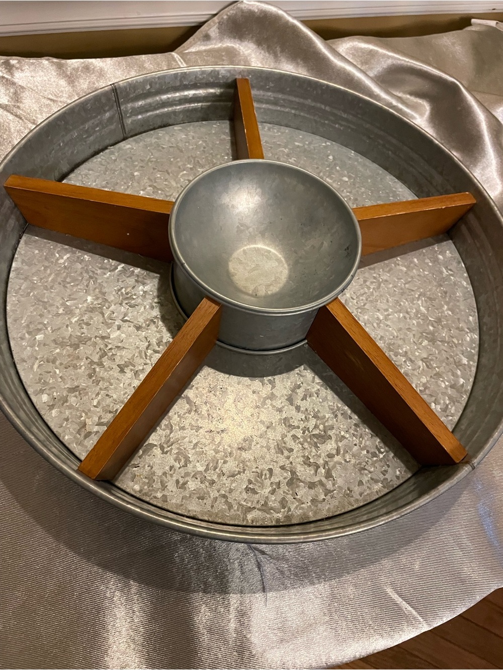 Galvanized Metal Snack Server with Brown Wood Dividers and lazy Susan bottom
